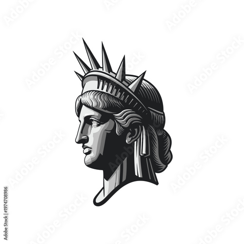 Detailed monochrome illustration of the Statue of Liberty's head in profile, featuring her iconic spiked crown and classical features.