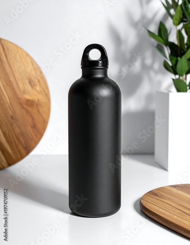 A sleek, matte black insulated container with a small handle sits on a bright, minimalist surface. Wooden chopping boards and a leafy plant create a soft backdrop
