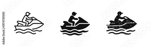 Jet Ski Icon Set. Hand-drawn, outline, and solid flat icons of a person riding a personal watercraft.