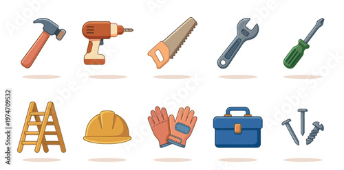 A flat design collection of essential construction and repair tools, including a hammer, drill, saw, wrench, screwdriver, ladder, hard hat, gloves, toolbox, and nails, presented against