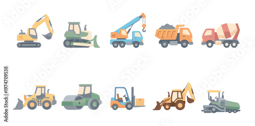 A collection of brightly colored, flat design construction vehicles arranged in two rows on a white background, perfect for illustrating building and industry concepts.