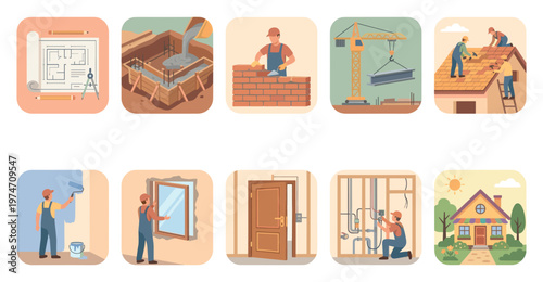 Collection of flat illustrations depicting house construction stages from planning to completion, showing workers in action and essential tools.