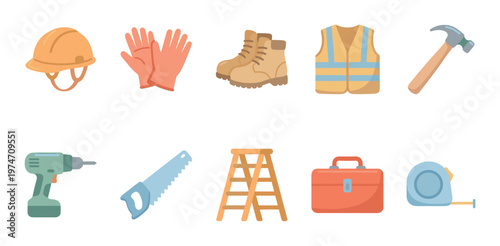 A collection of flat design icons representing construction safety equipment and tools, including a hard hat, gloves, boots, vest, hammer, drill, saw, ladder, toolbox, and tape measure.