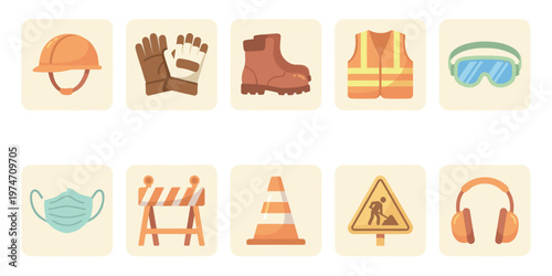 This colorful graphic collection features illustrations of essential construction safety equipment, including a hard hat, gloves, boots, vest, and mask, ideal for safety presentations or informational