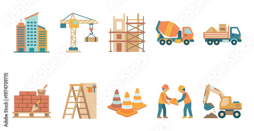 A collection of flat design icons representing various aspects of the construction industry, including buildings, vehicles, tools, and workers.