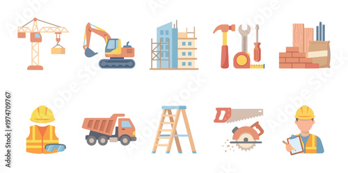 A collection of flat design icons representing various construction elements, machinery, tools, and personnel, ideal for industry-related projects.