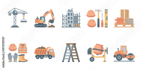 A collection of flat design icons representing various construction equipment, tools, and safety gear, ideal for illustrating building projects and industry concepts.