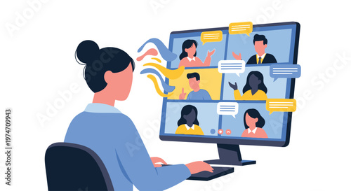 Woman participating in a video conference call on computer screen.