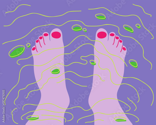 Summer Vacation Feet In River Purple Green Minimal Style Illustration. Two Feet With Bright Nails In Water Top View