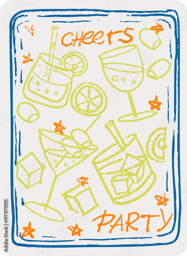 Cocktail Cheers Party Glasses Chin Chin Retro style Poster. Celebrate Carefree Spirit Life Simple Pleasures. Yellow Orange Blue Doodle Illustration