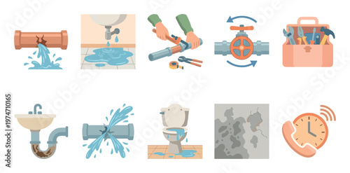 Collection of illustrations depicting common plumbing issues like leaks and blockages, alongside tools and a call for service.