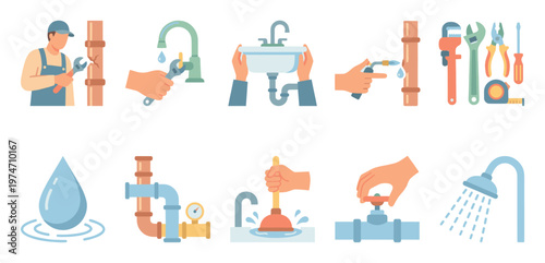 A collection of stylized flat icons depicting various plumbing services, tools, and components in a clean, modern aesthetic, perfect for websites and infographics.