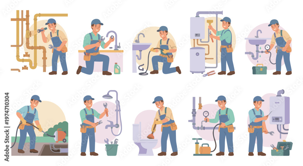 Fototapeta premium A male plumber in blue overalls performs various tasks like fixing pipes, sinks, boilers, and unclogging toilets with tools and equipment.