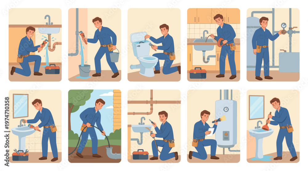 Fototapeta premium A friendly male plumber in blue overalls performs various plumbing tasks including fixing leaky pipes, clearing drains, and inspecting equipment in multiple domestic settings.