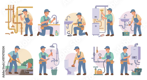A male plumber in blue overalls performs various tasks like fixing pipes, sinks, boilers, and unclogging toilets with tools and equipment.
