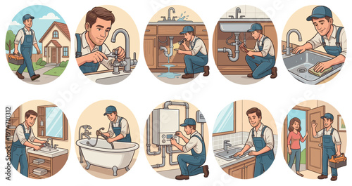 A friendly plumber in blue overalls is shown performing various tasks like fixing faucets, inspecting pipes, cleaning sinks, and installing a water heater, all in a clear illustrative style.