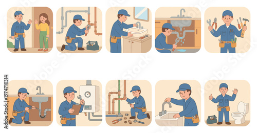 This collection of illustrations depicts a friendly plumber performing various repair and maintenance tasks related to plumbing systems and fixtures in a clean, stylized manner.