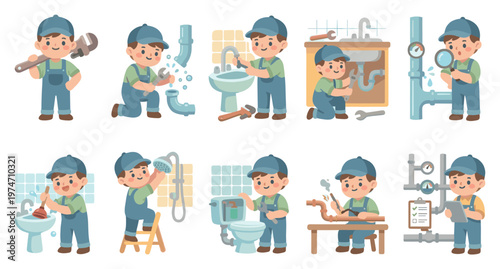 A collection of cute cartoon illustrations showing a plumber performing various tasks like fixing pipes, toilets, and sinks with tools and a cheerful attitude.