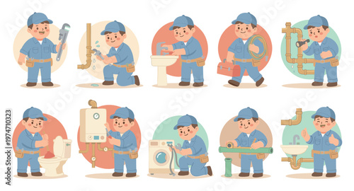 A set of illustrations depicting a cheerful cartoon plumber in a blue uniform and cap performing different plumbing jobs with tools and equipment.
