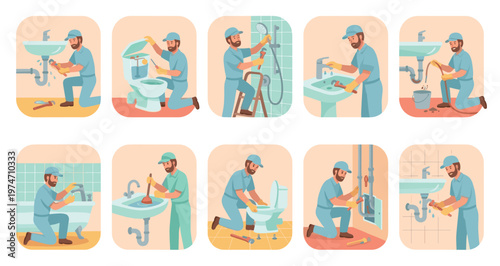 A collection of ten illustrated panels showing a male plumber performing repairs on sinks, toilets, showers, and pipes with tools and a cheerful demeanor.