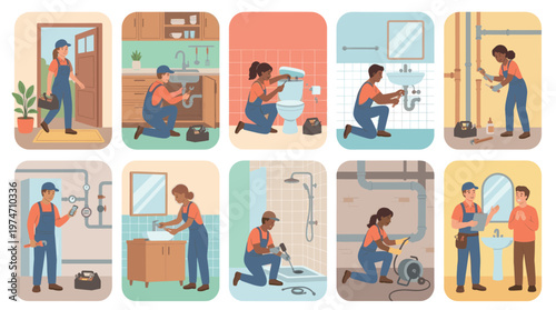 A collection of diverse plumbers, men and women of various ethnicities, performing plumbing tasks like fixing pipes, sinks, and toilets with tools and equipment.