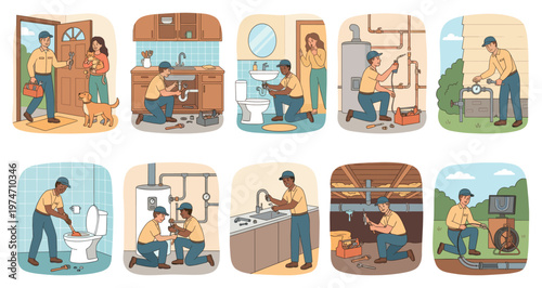 This illustration showcases a versatile plumber performing various repair tasks, including fixing sinks, toilets, water heaters, and outdoor pipes with tools and a camera inspection.
