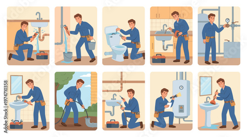 A friendly male plumber in blue overalls performs various plumbing tasks including fixing leaky pipes, clearing drains, and inspecting equipment in multiple domestic settings.
