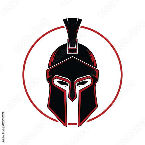 Spartan Warrior Helmet Logo Vector, Gladiator Mascot Icon for Sports and Gaming, Ancient Greek Soldier Head Emblem in Red and Black Circle