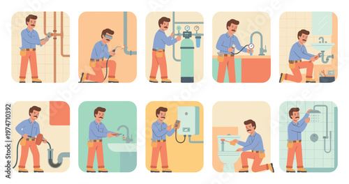This montage shows a male plumber performing various repair and installation tasks, including welding pipes, checking pressure, unclogging drains, and fixing sinks and toilets.