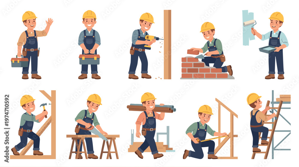 Fototapeta premium A cheerful construction worker in a yellow hard hat and blue overalls is depicted in multiple poses demonstrating different building and renovation activities, including drilling, bricklaying.
