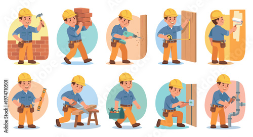 A cartoon construction worker character performs various tasks like hammering bricks, carrying supplies, drilling, measuring, and painting, showcasing diverse DIY and home improvement skills.