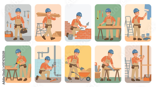 A cheerful construction worker in a blue hard hat performs multiple tasks including carrying wood, bricklaying, and painting.
