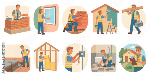 A friendly construction worker performs various home improvement tasks like bricklaying, window installation, roofing, painting, and tiling in a colorful cartoon style.