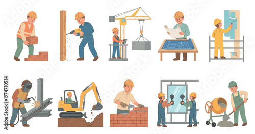 Diverse group of construction workers performing various tasks such as bricklaying drilling welding and painting in a stylized building site illustration.
