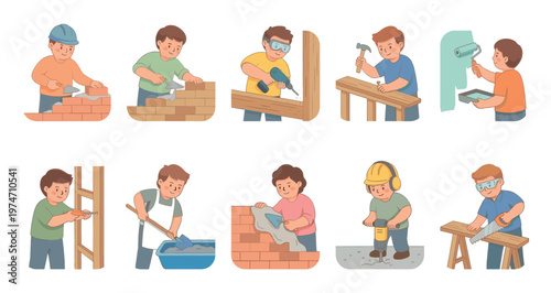 A collection of cartoon builders performing various construction tasks including bricklaying, drilling, hammering, painting, and operating a jackhammer.