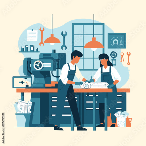 Two people working together in a workshop.