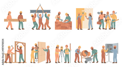 A diverse group of construction workers in hard hats collaborate on different building and renovation projects, showcasing teamwork and skilled labor.