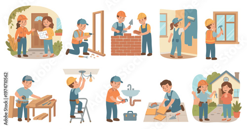 A cheerful illustration set shows construction workers in various stages of building and renovation, including bricklaying, painting, and plumbing, culminating in a homeowner receiving keys