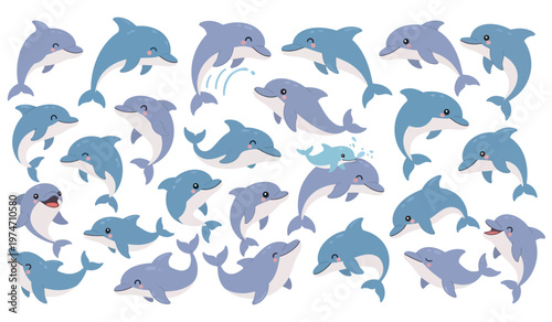 Collection of cute colorful dolphins vector isolated on transparent background