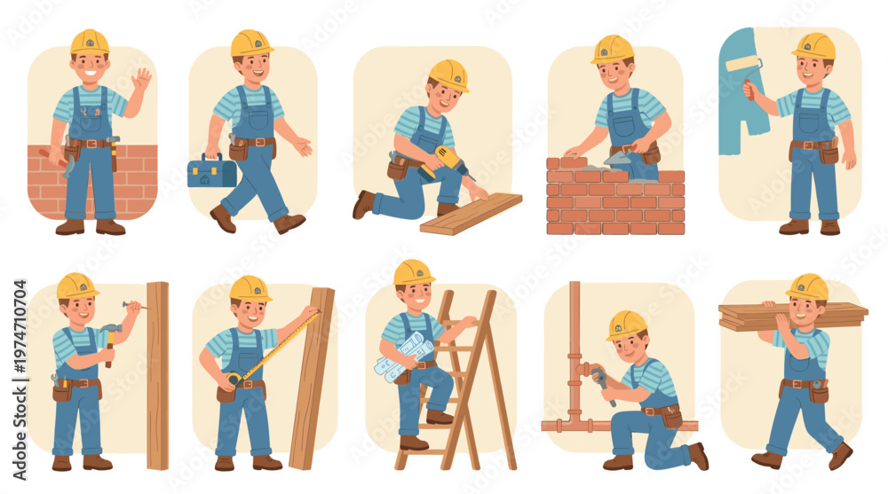 Fototapeta premium A cheerful construction worker in a yellow hard hat demonstrates a series of building and renovation activities with tools and materials.