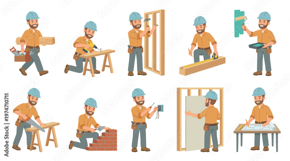 Fototapeta premium A friendly construction worker is depicted in multiple scenes, engaging in carpentry, bricklaying, painting, and blueprint reading to illustrate a range of construction activities.