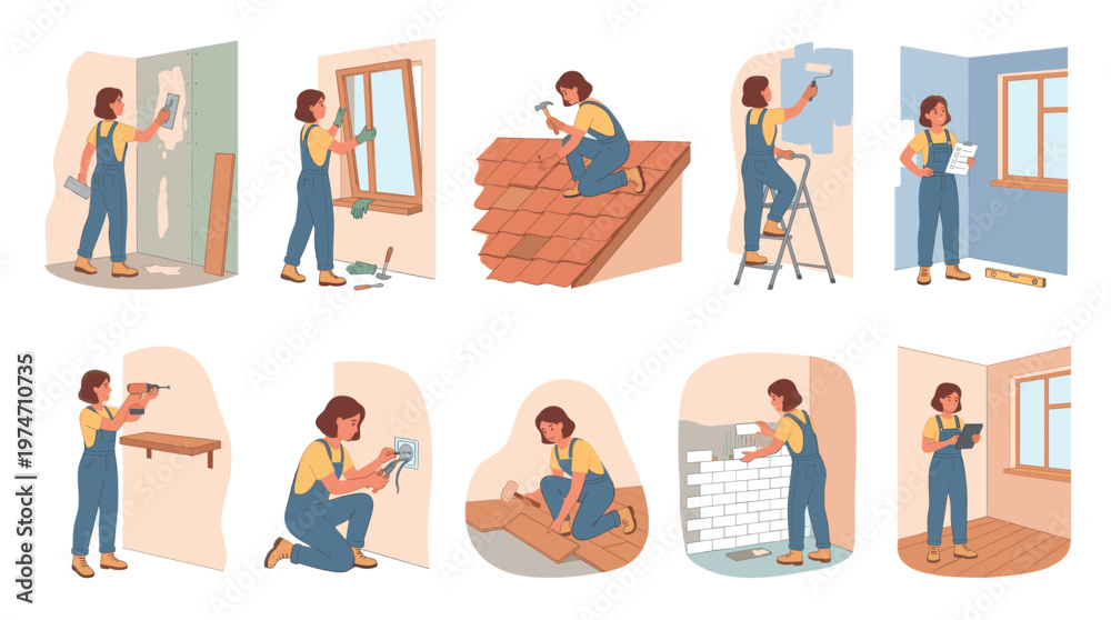 Fototapeta premium A woman is shown performing various home improvement tasks including plastering, installing windows, roofing, painting, electrical work, flooring, tiling, and checking plans.
