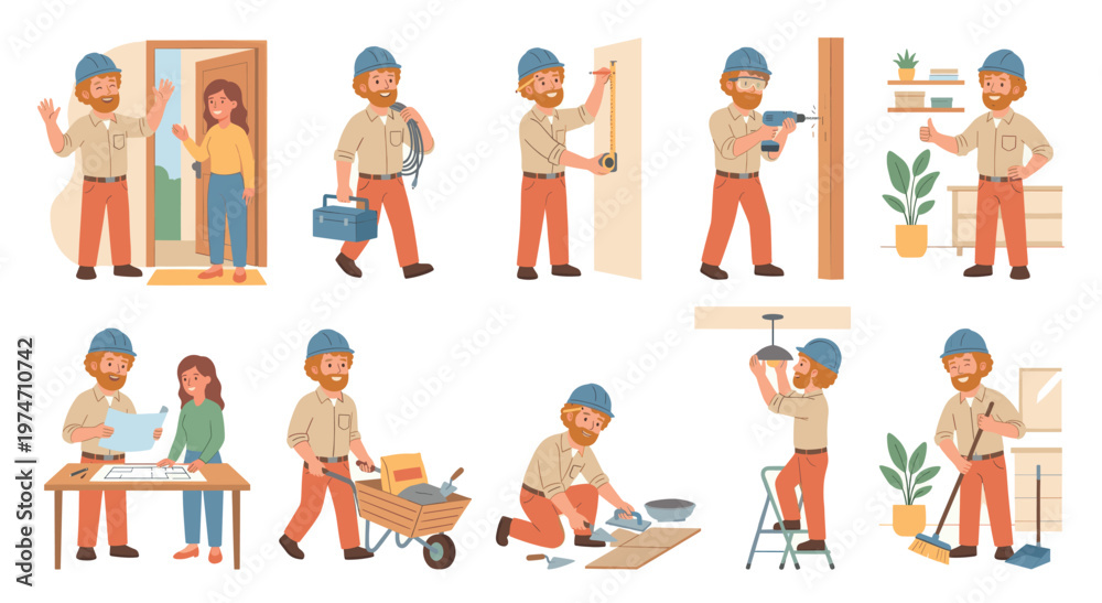 Fototapeta premium A friendly construction worker is shown in multiple scenes performing various home renovation tasks, including greeting a client and installing a light fixture.