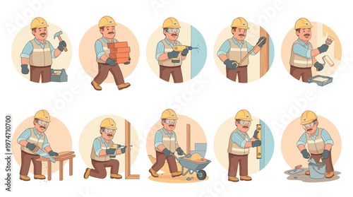 A cheerful construction worker in a yellow hard hat demonstrates a series of building and renovation activities with tools and materials.