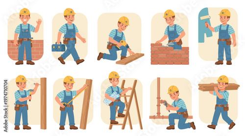 A cheerful construction worker in a yellow hard hat demonstrates a series of building and renovation activities with tools and materials.