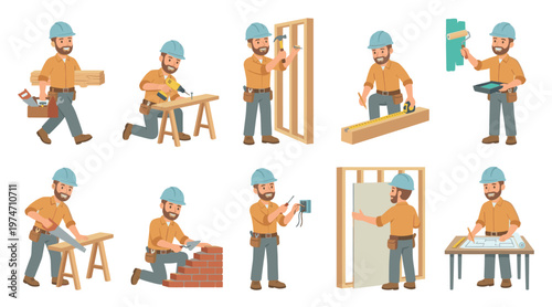 A friendly construction worker is depicted in multiple scenes, engaging in carpentry, bricklaying, painting, and blueprint reading to illustrate a range of construction activities.