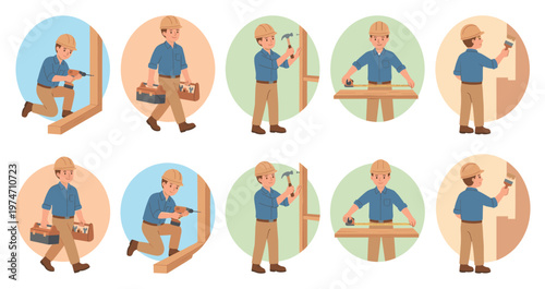 A cheerful construction worker in a blue shirt, hard hat, and tan pants is depicted in five different scenarios, showcasing various building and renovation activities with a clean