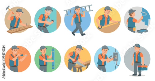 A collection of circular illustrations depicting a cheerful male repairman performing various construction and home improvement tasks, perfect for conveying DIY and professional services.