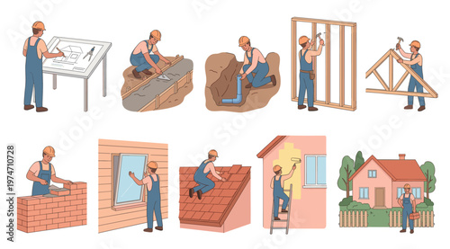 A man in overalls and hard hat progresses through various construction and renovation stages of a house, from blueprint to completion.