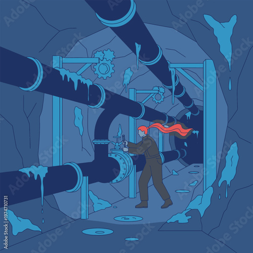Woman with red hair in industrial tunnel.
